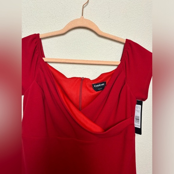 NWT Bebe Lipstick Red Bodycon Cap Sleeve Wrap Front Stretch Sheath Dress 12 - Picture 4 of 8